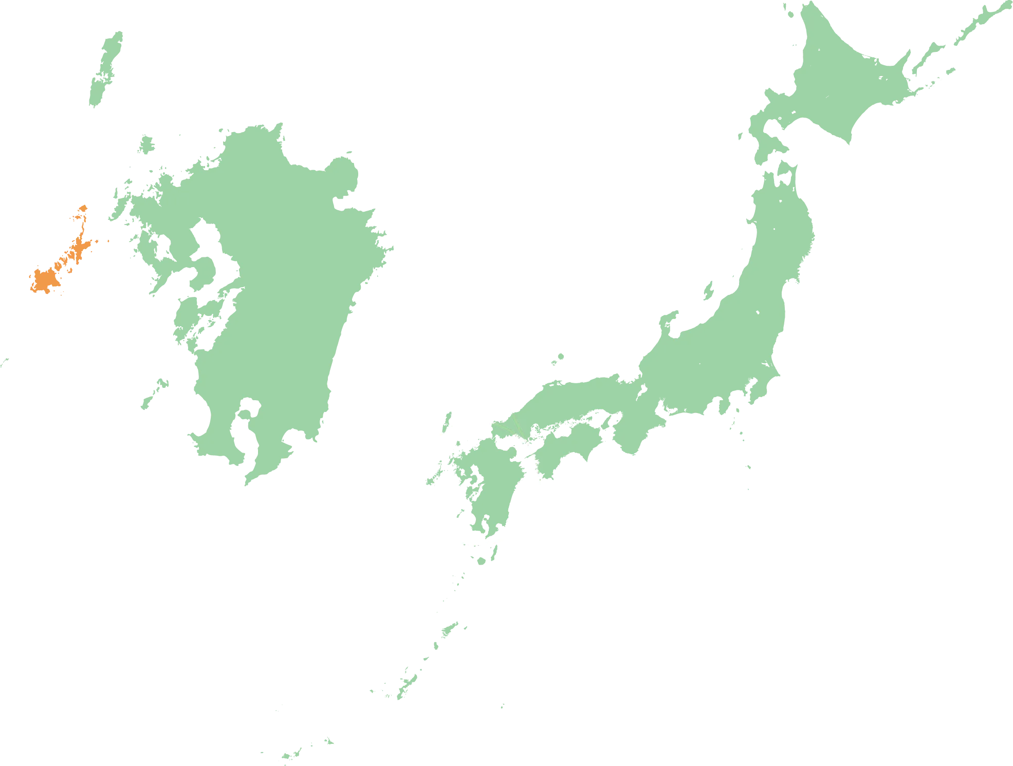 日本地図。九州の西、長崎県五島列島の位置